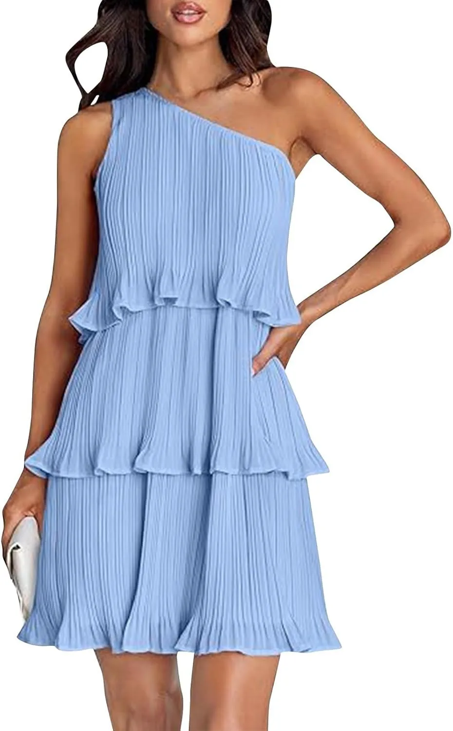 Women's 2024 Summer Sleeveless Mini Dress Boho One Shoulder Ruffle Tiered Layered Chiffon Flowy A Line Dresses