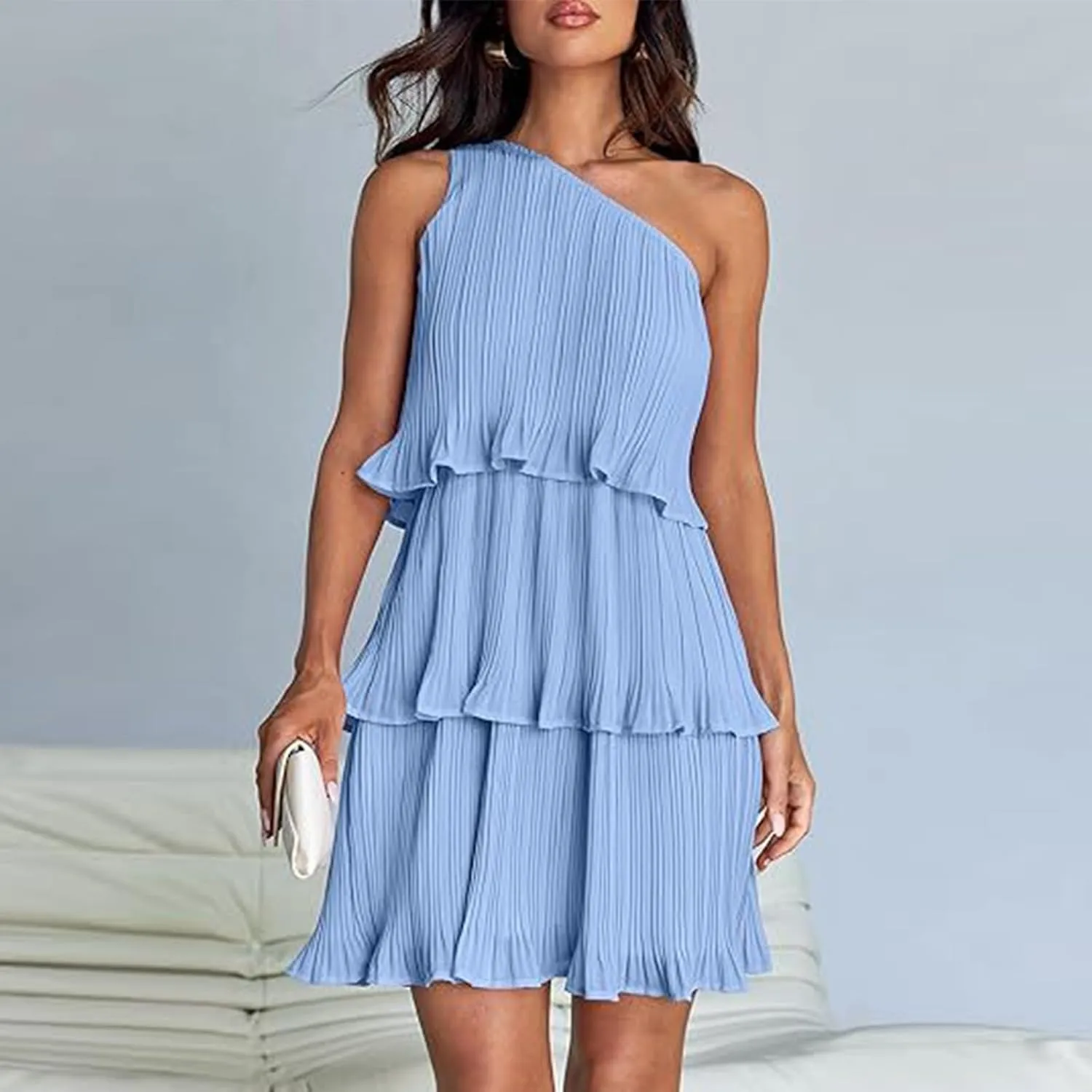Women's 2024 Summer Sleeveless Mini Dress Boho One Shoulder Ruffle Tiered Layered Chiffon Flowy A Line Dresses