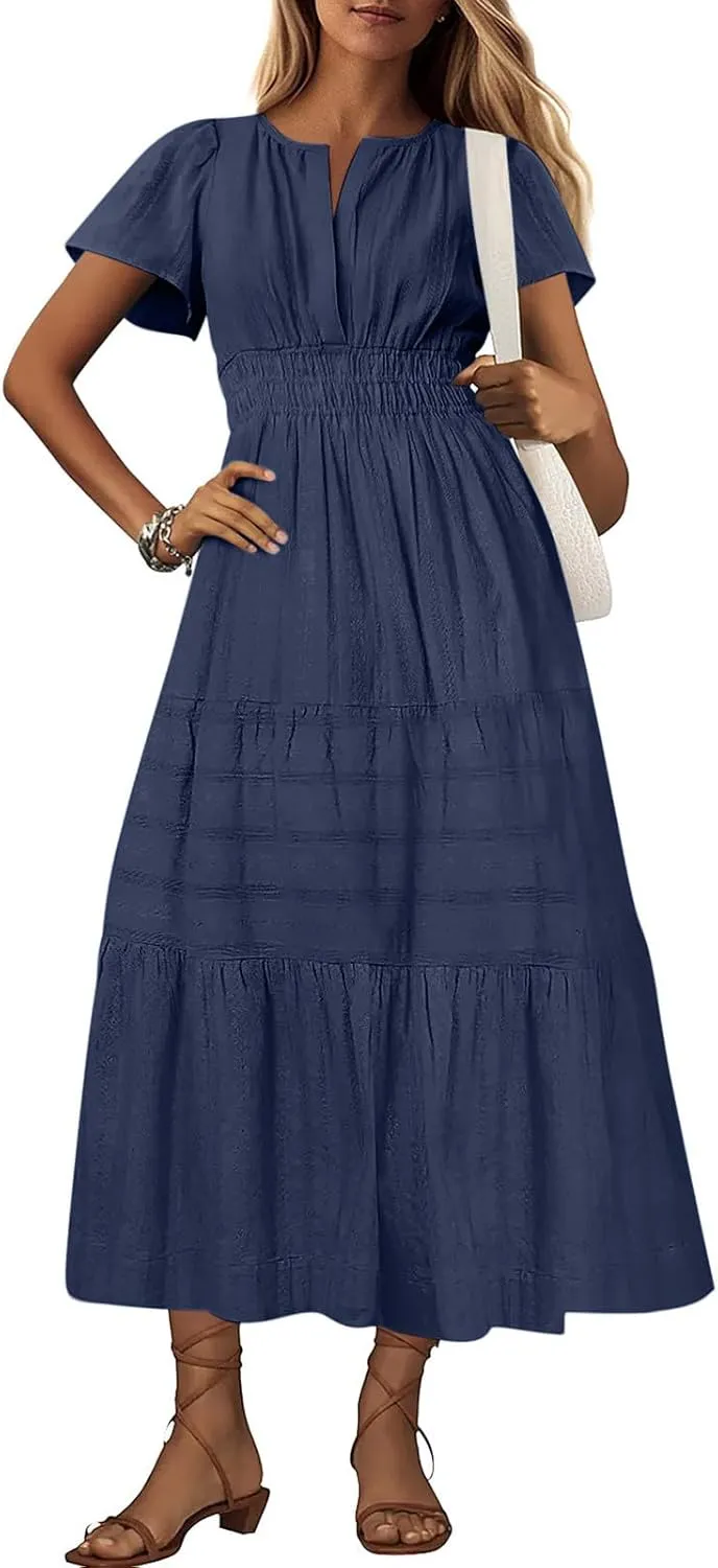Women's 2025 Summer Short Sleeve V Neck Midi Dress Casual Loose Smocked Elastic Waist Boho Beach Swing Dresses