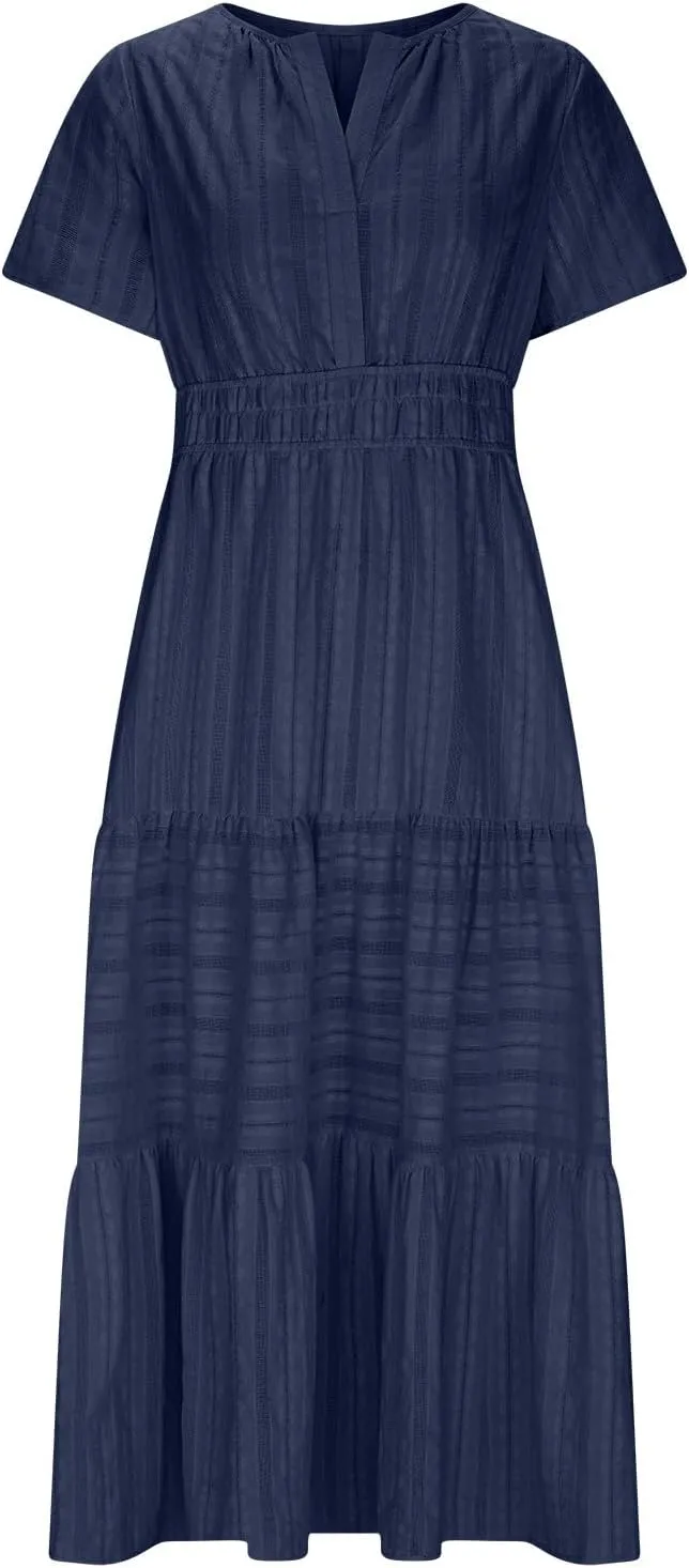Women's 2025 Summer Short Sleeve V Neck Midi Dress Casual Loose Smocked Elastic Waist Boho Beach Swing Dresses