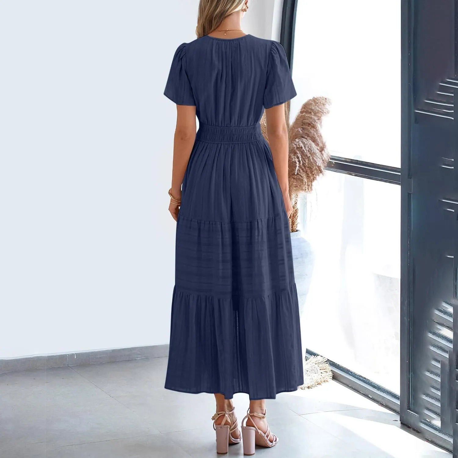 Women's 2025 Summer Short Sleeve V Neck Midi Dress Casual Loose Smocked Elastic Waist Boho Beach Swing Dresses
