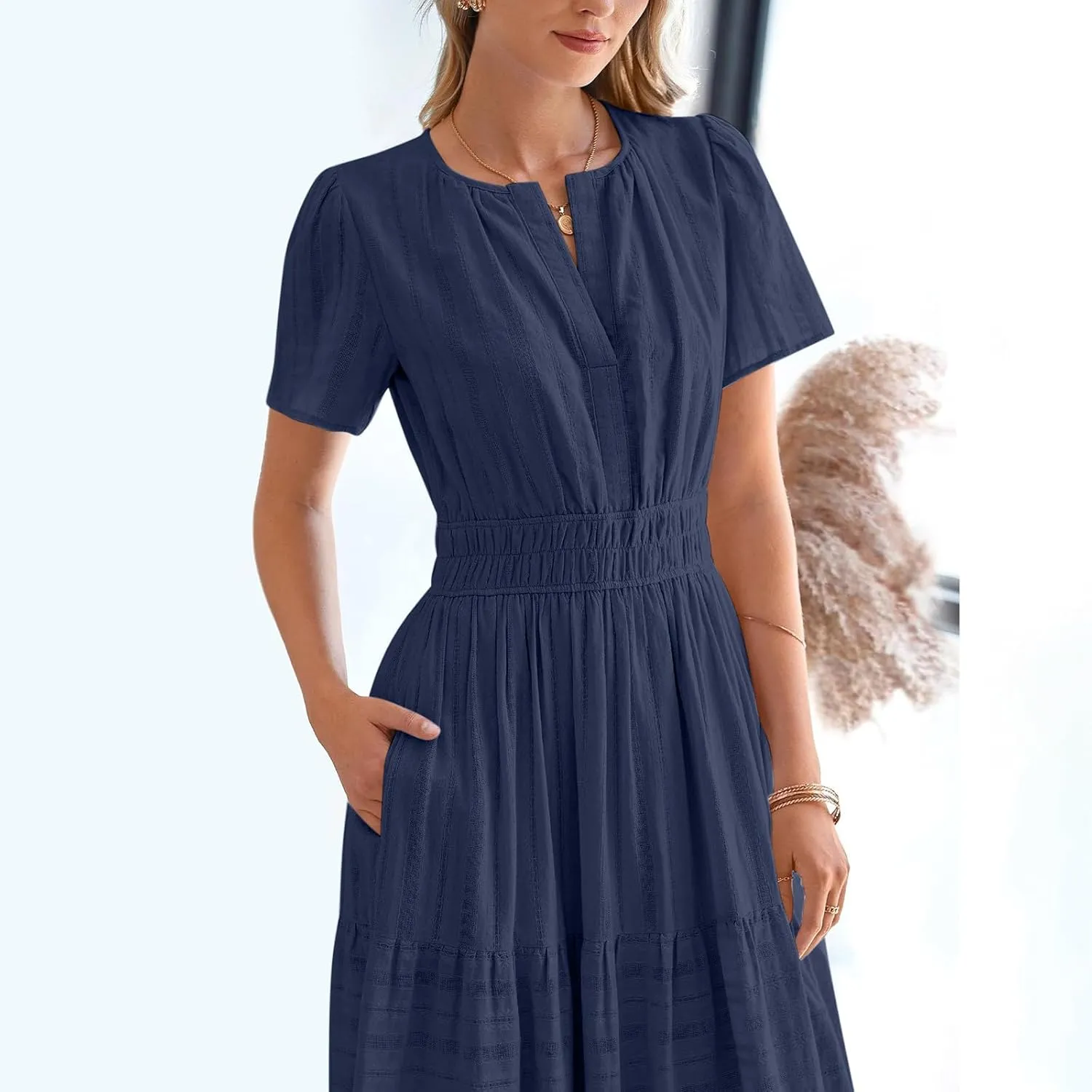 Women's 2025 Summer Short Sleeve V Neck Midi Dress Casual Loose Smocked Elastic Waist Boho Beach Swing Dresses