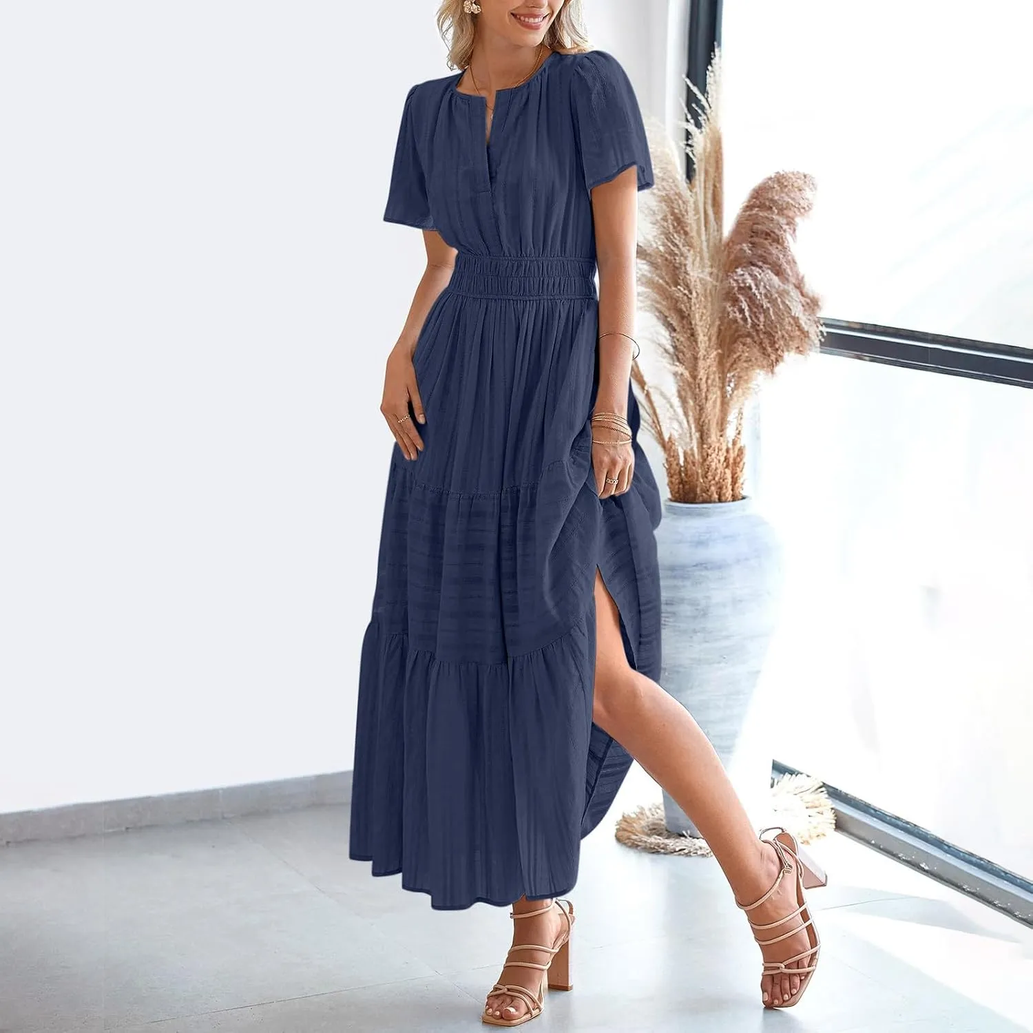 Women's 2025 Summer Short Sleeve V Neck Midi Dress Casual Loose Smocked Elastic Waist Boho Beach Swing Dresses