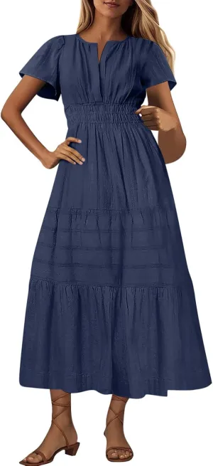 Women's 2025 Summer Short Sleeve V Neck Midi Dress Casual Loose Smocked Elastic Waist Boho Beach Swing Dresses