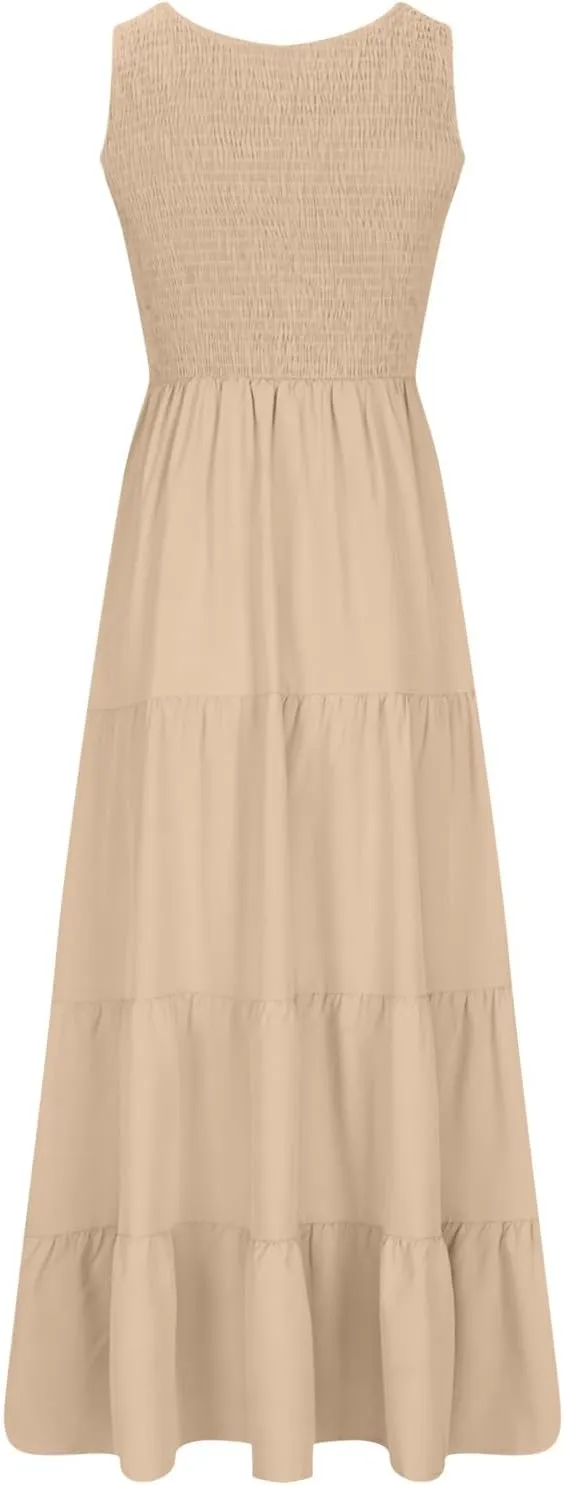 Womens Boho Dress Sleeveless U Neck Ruffle Hem A Line Dress Flowy Sleeveless Smocked Tiered Layered Maxi Dresses