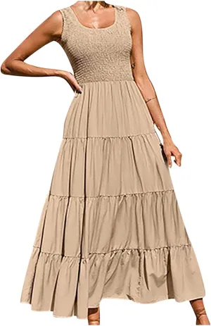 Womens Boho Dress Sleeveless U Neck Ruffle Hem A Line Dress Flowy Sleeveless Smocked Tiered Layered Maxi Dresses