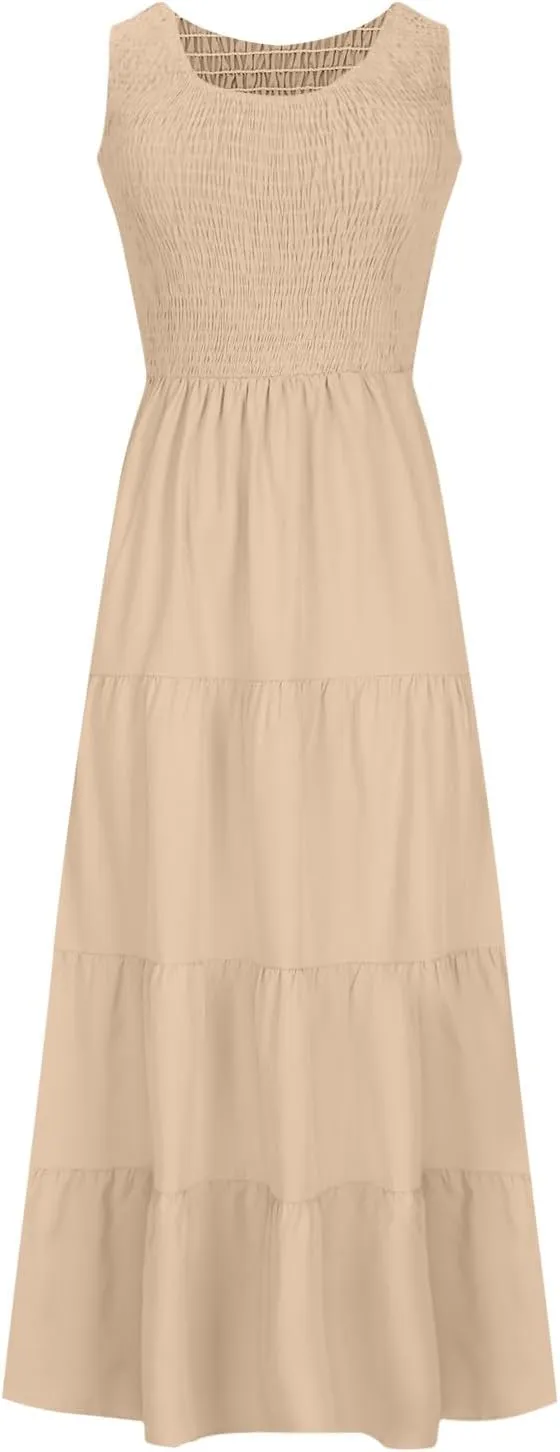 Womens Boho Dress Sleeveless U Neck Ruffle Hem A Line Dress Flowy Sleeveless Smocked Tiered Layered Maxi Dresses