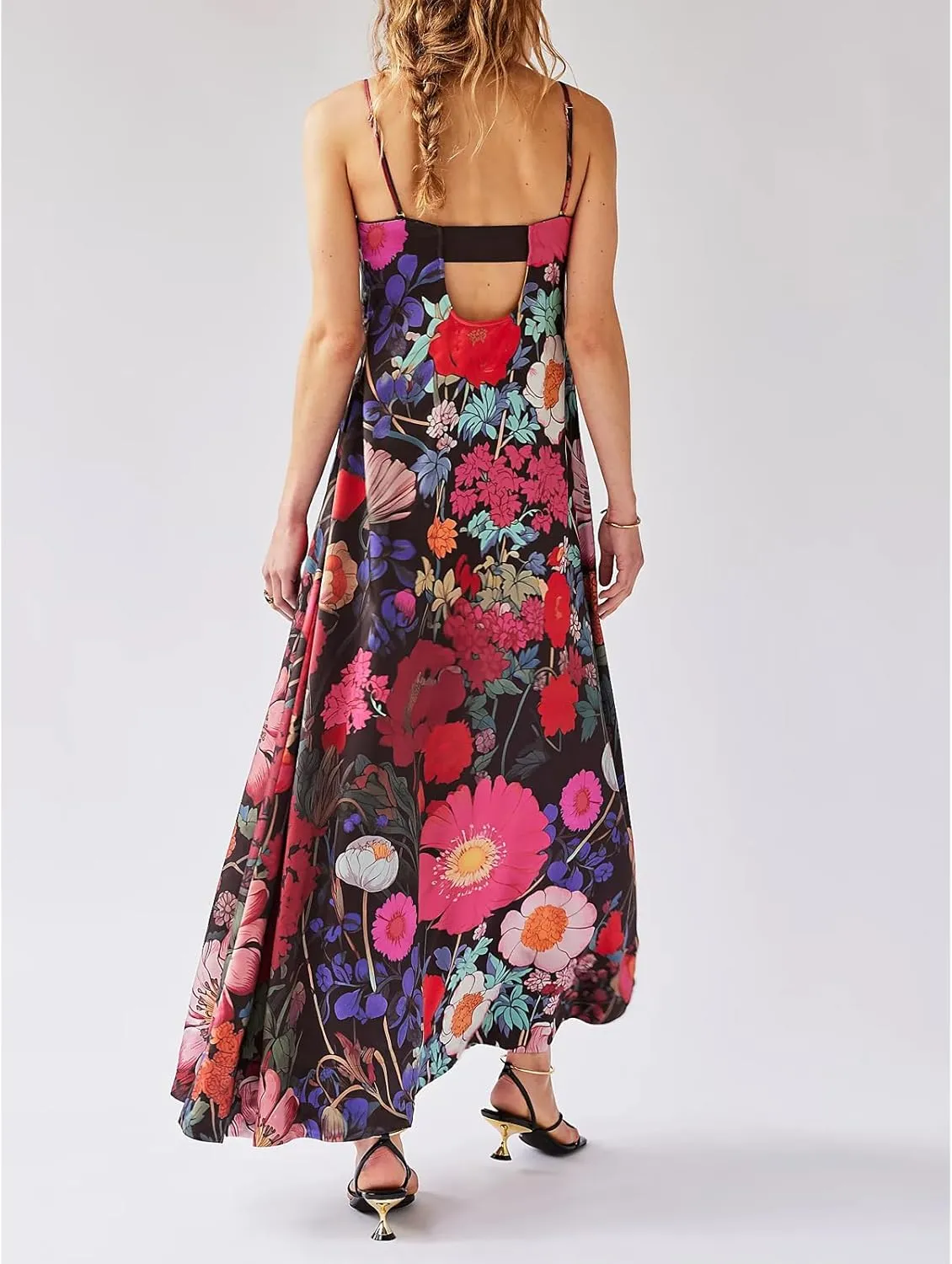 Womens Boho Floral Spaghetti Strap Long Flowy Dress Y2k Lace Backless Beach Vacation Maxi A Line Dresses