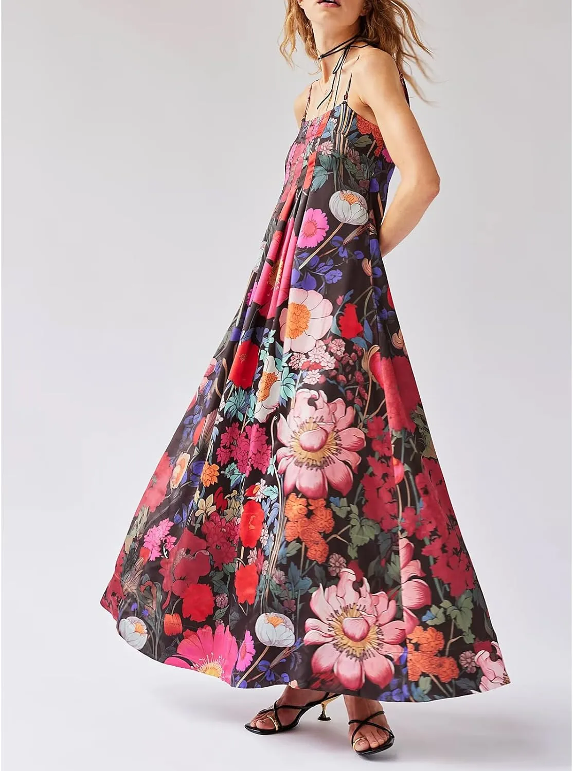 Womens Boho Floral Spaghetti Strap Long Flowy Dress Y2k Lace Backless Beach Vacation Maxi A Line Dresses