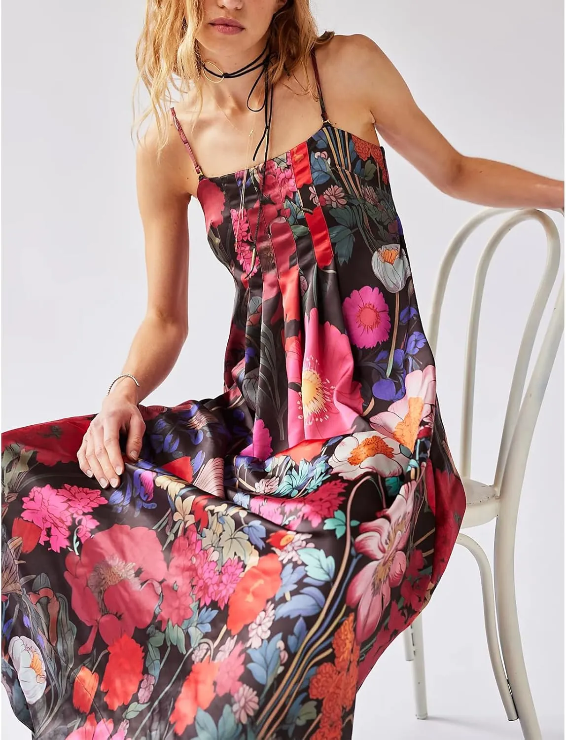 Womens Boho Floral Spaghetti Strap Long Flowy Dress Y2k Lace Backless Beach Vacation Maxi A Line Dresses