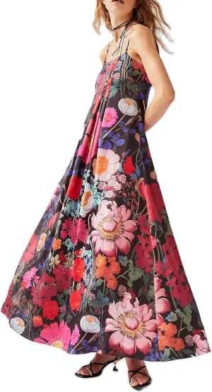 Womens Boho Floral Spaghetti Strap Long Flowy Dress Y2k Lace Backless Beach Vacation Maxi A Line Dresses