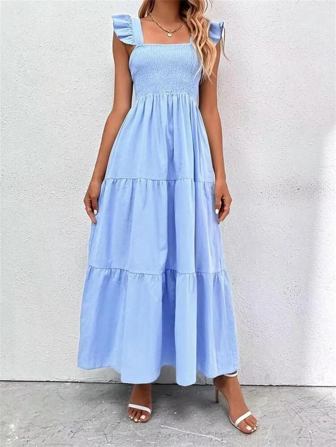 Women's Boho Maxi Dress Flowy Casual Square Neck Sleeveless Wedding Guest Holiday Beach Long Dress Summer Dresses