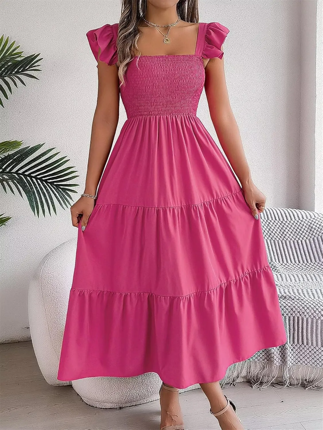 Women's Boho Maxi Dress Flowy Casual Square Neck Sleeveless Wedding Guest Holiday Beach Long Dress Summer Dresses