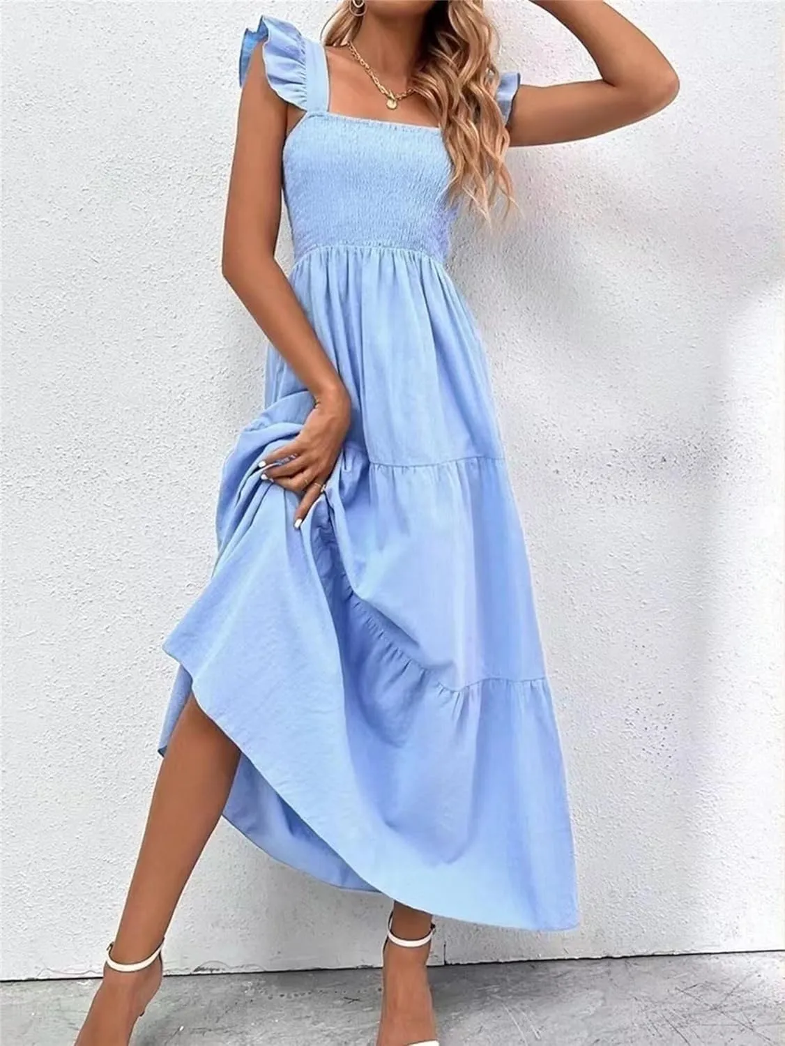 Women's Boho Maxi Dress Flowy Casual Square Neck Sleeveless Wedding Guest Holiday Beach Long Dress Summer Dresses