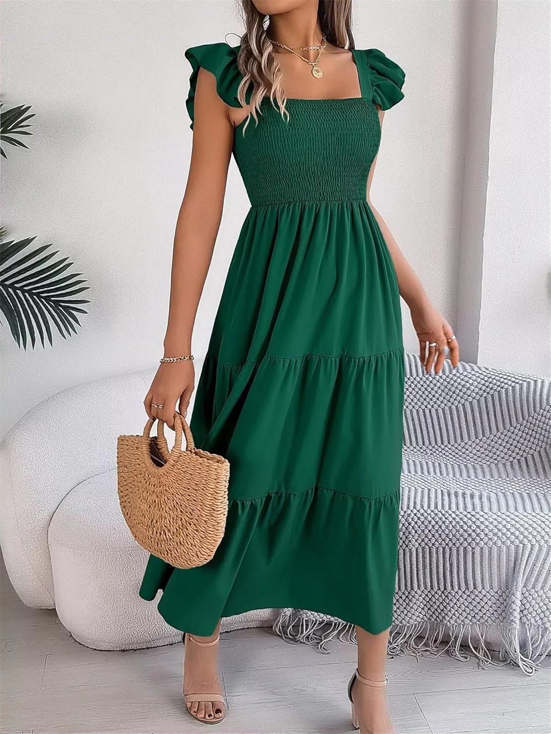 Women's Boho Maxi Dress Flowy Casual Square Neck Sleeveless Wedding Guest Holiday Beach Long Dress Summer Dresses