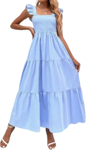 Women's Boho Maxi Dress Flowy Casual Square Neck Sleeveless Wedding Guest Holiday Beach Long Dress Summer Dresses