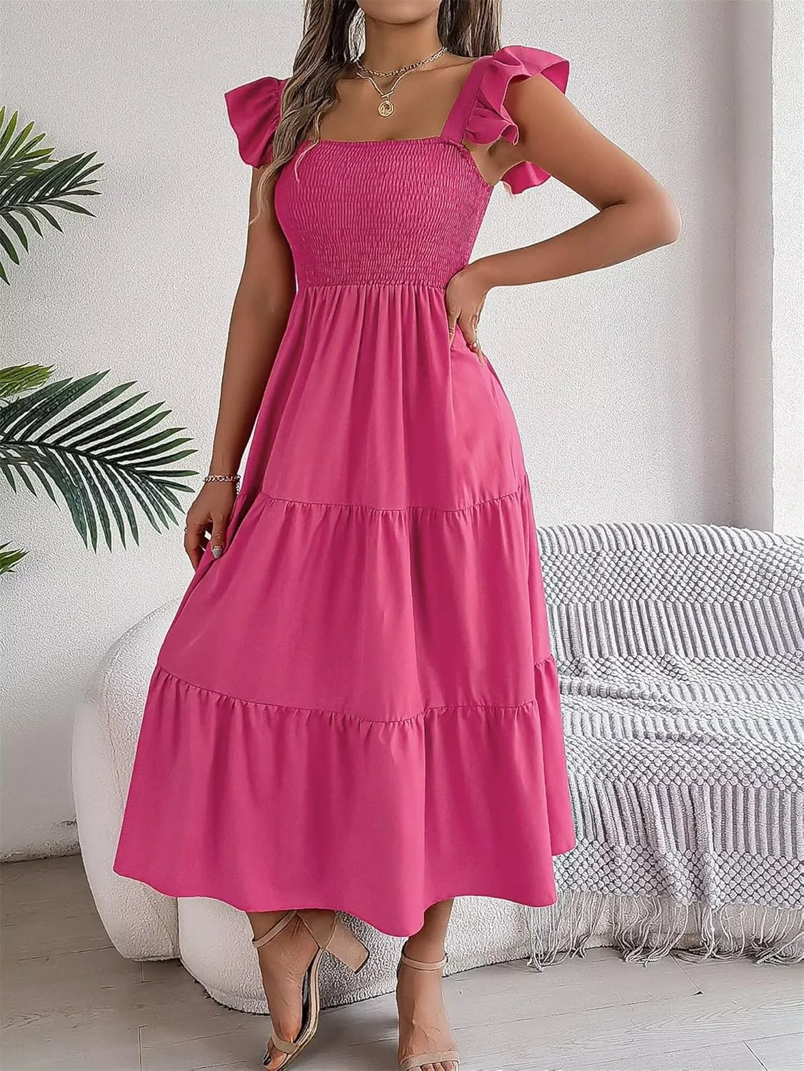 Women's Boho Maxi Dress Flowy Casual Square Neck Sleeveless Wedding Guest Holiday Beach Long Dress Summer Dresses