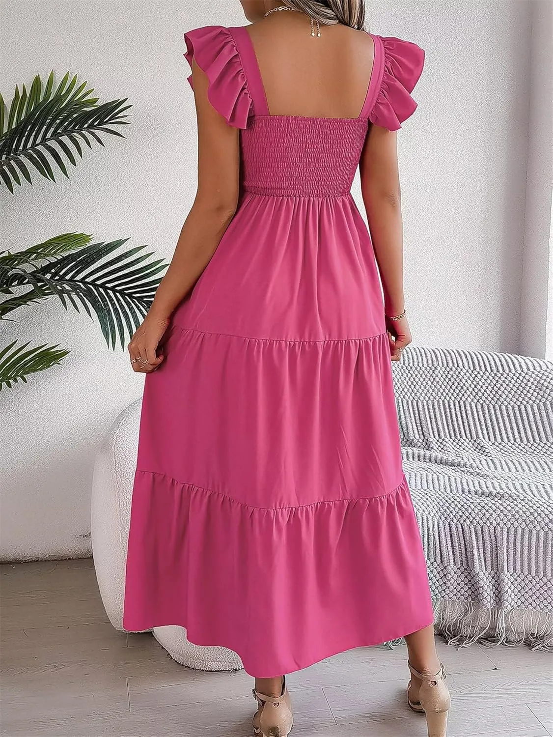 Women's Boho Maxi Dress Flowy Casual Square Neck Sleeveless Wedding Guest Holiday Beach Long Dress Summer Dresses