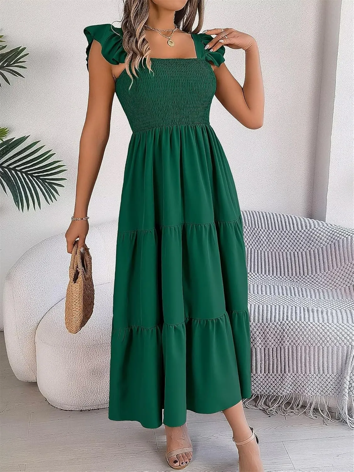 Women's Boho Maxi Dress Flowy Casual Square Neck Sleeveless Wedding Guest Holiday Beach Long Dress Summer Dresses
