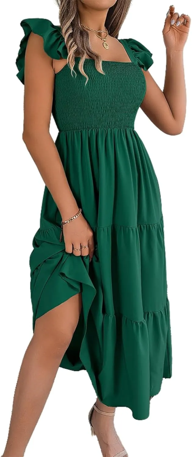 Women's Boho Maxi Dress Flowy Casual Square Neck Sleeveless Wedding Guest Holiday Beach Long Dress Summer Dresses