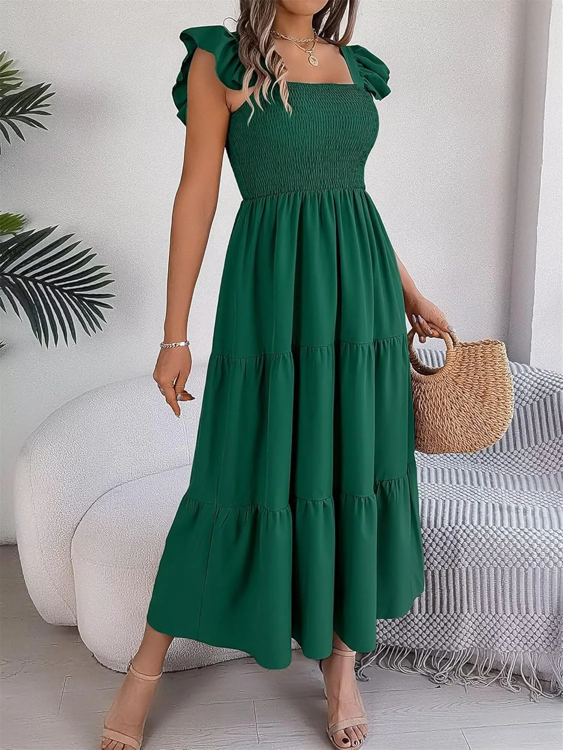 Women's Boho Maxi Dress Flowy Casual Square Neck Sleeveless Wedding Guest Holiday Beach Long Dress Summer Dresses