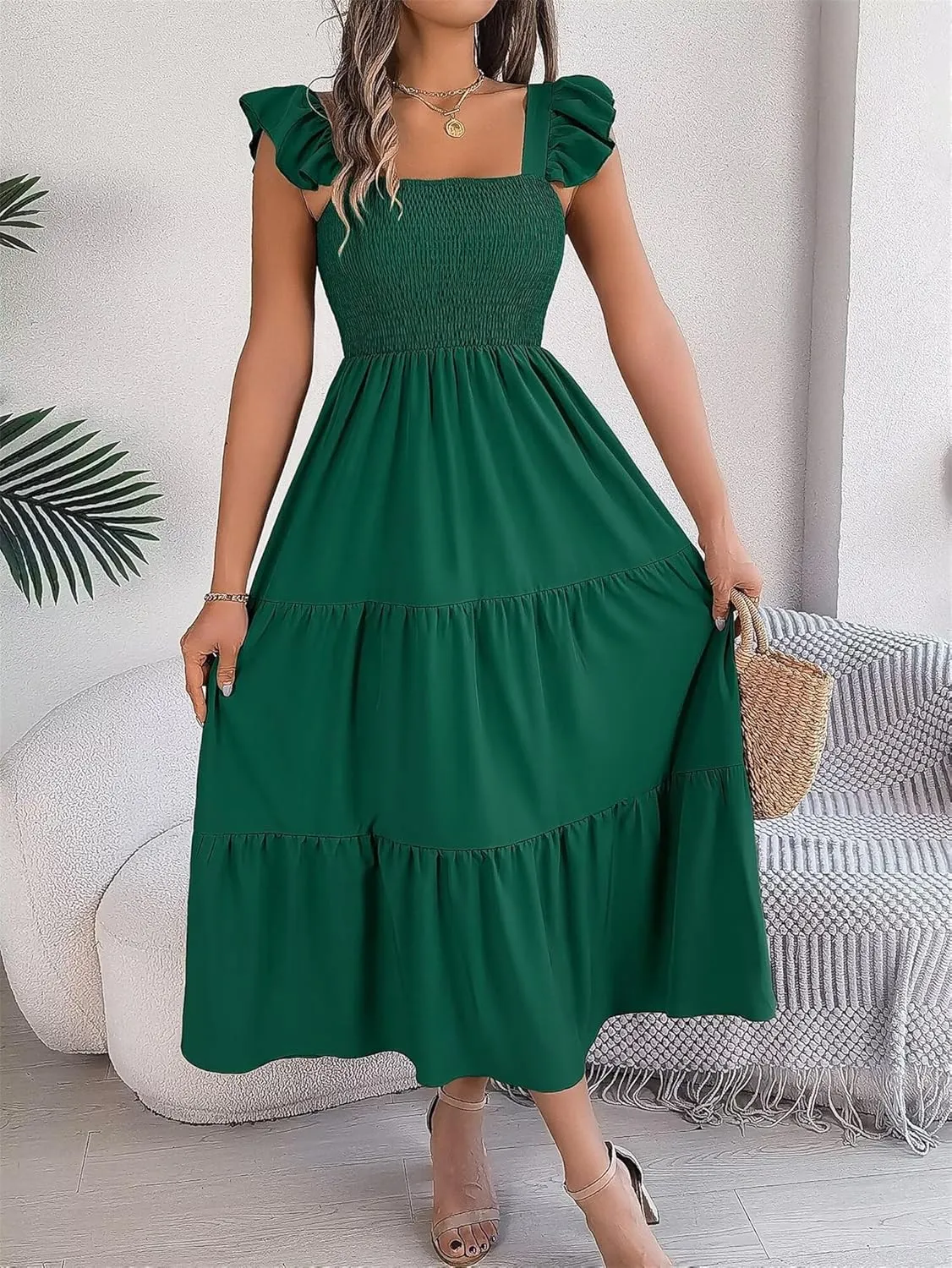 Women's Boho Maxi Dress Flowy Casual Square Neck Sleeveless Wedding Guest Holiday Beach Long Dress Summer Dresses