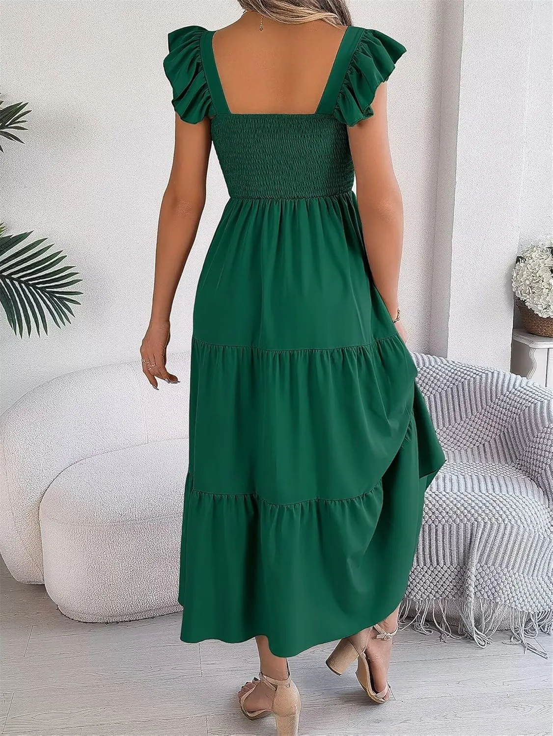 Women's Boho Maxi Dress Flowy Casual Square Neck Sleeveless Wedding Guest Holiday Beach Long Dress Summer Dresses