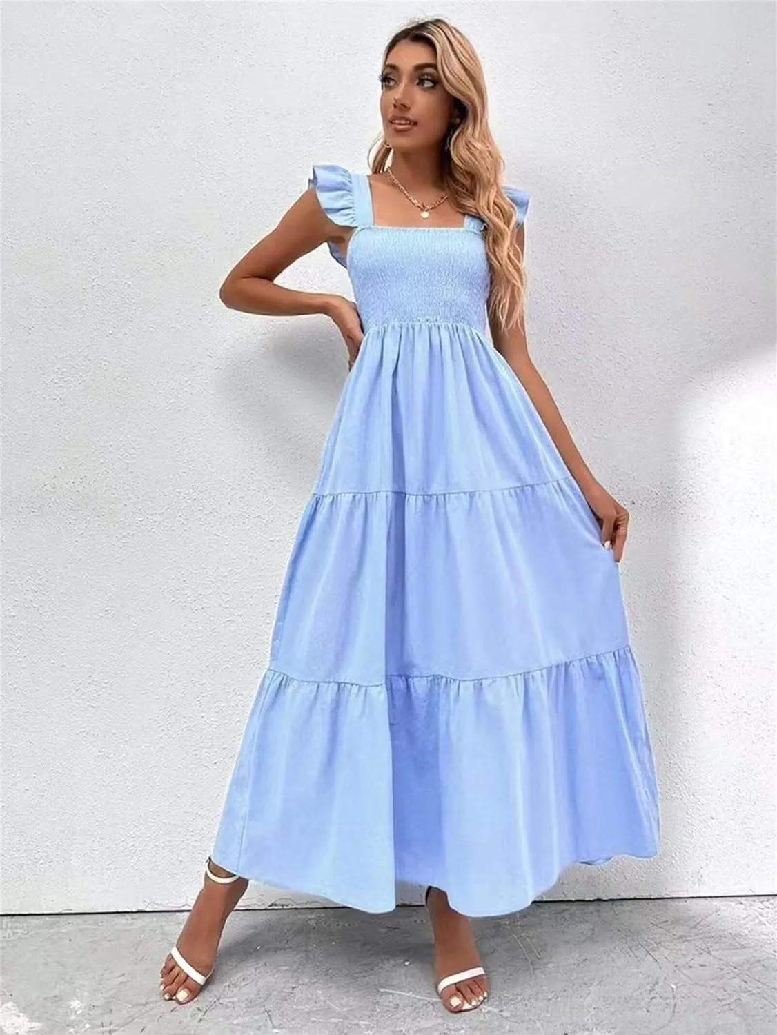 Women's Boho Maxi Dress Flowy Casual Square Neck Sleeveless Wedding Guest Holiday Beach Long Dress Summer Dresses