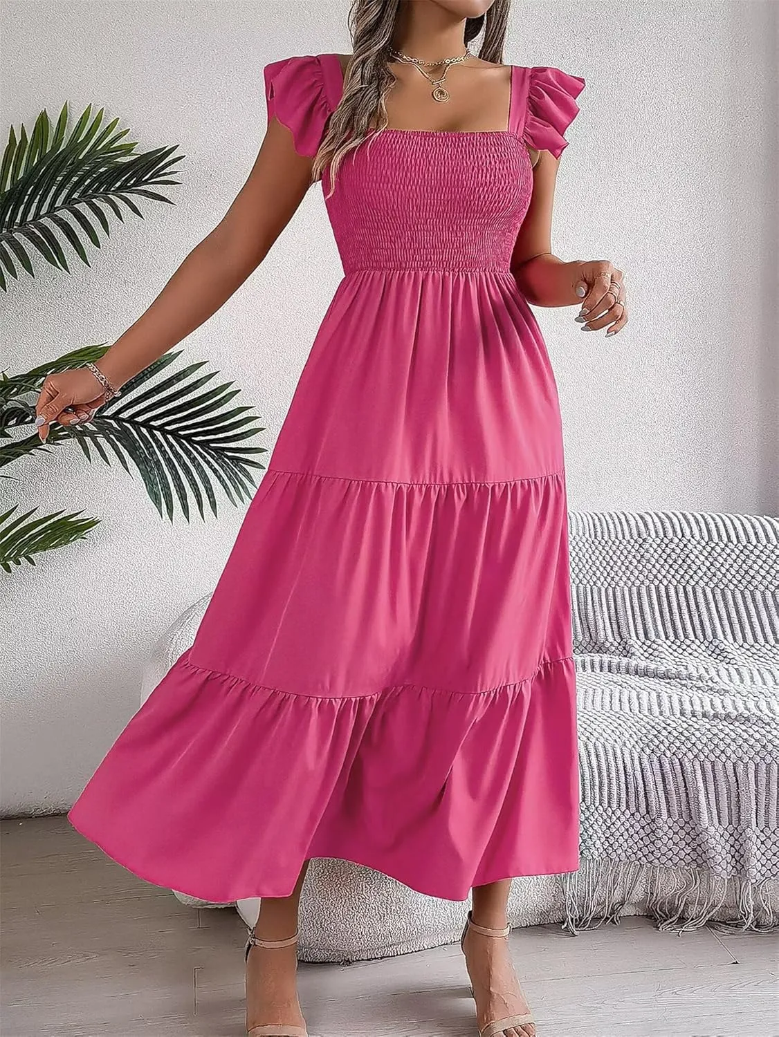 Women's Boho Maxi Dress Flowy Casual Square Neck Sleeveless Wedding Guest Holiday Beach Long Dress Summer Dresses