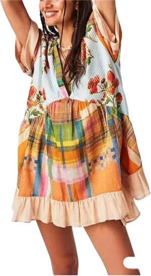 Womens Boho Mini Dress Y2k Floral Puff Sleeve Babydoll Dress 2024 Summer Causal Ruffle Flowy Beach Sundress