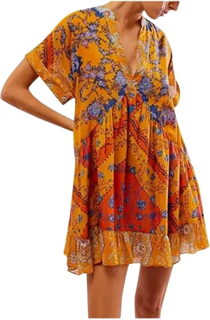 Womens Boho Summer Dresses Short Sleeve Ruffle Hem Dress V Neck Floral Mini Dress Beach Sundress Vacation Outfits