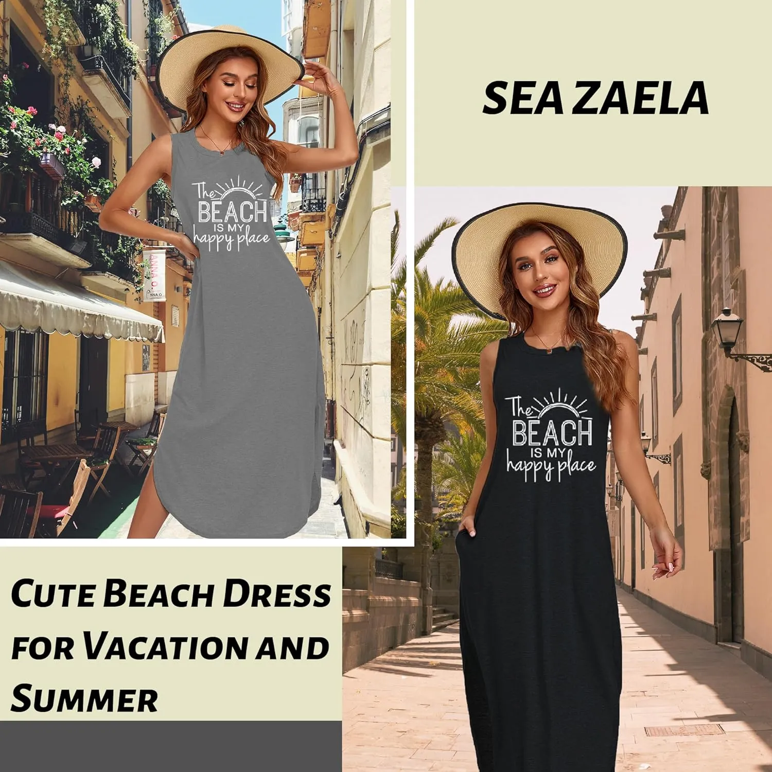 Women's Casual Beach Summer Dresses Sleeveless Graphic Long Sundress Cover Up Dresses with Pocket
