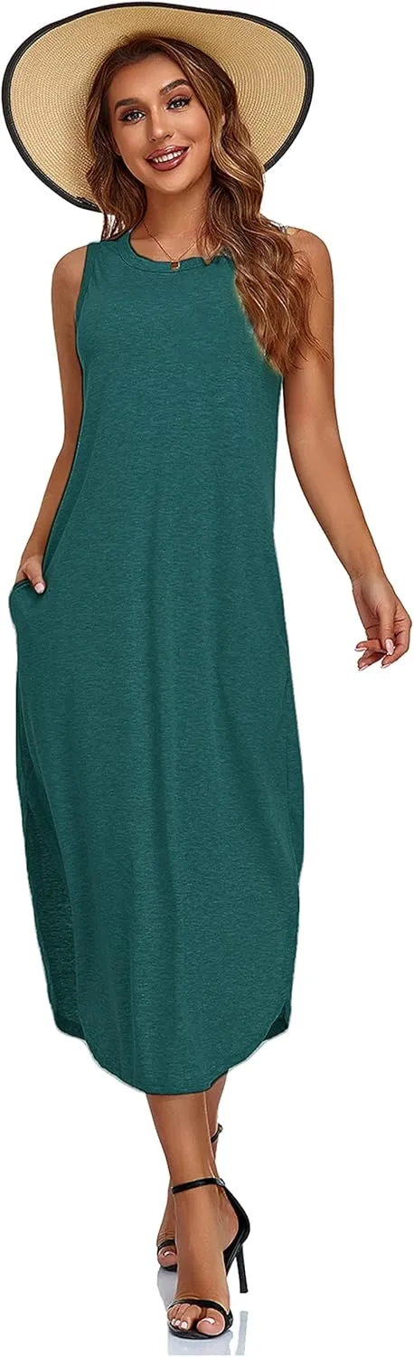 Women's Casual Beach Summer Dresses Sleeveless Graphic Long Sundress Cover Up Dresses with Pocket