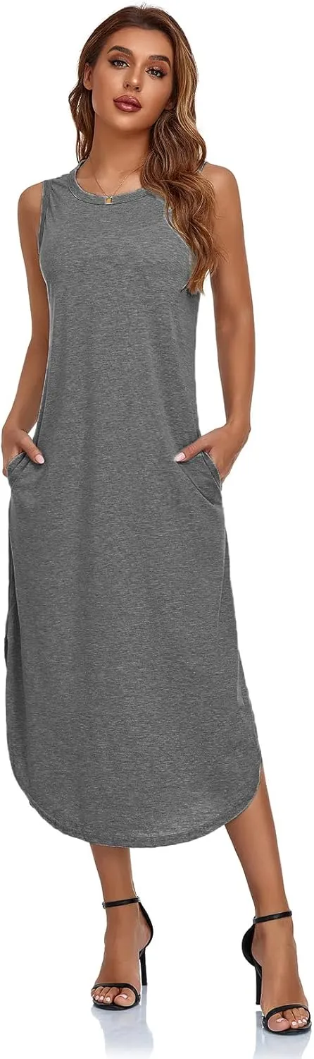 Women's Casual Beach Summer Dresses Sleeveless Graphic Long Sundress Cover Up Dresses with Pocket