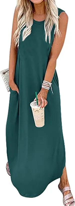 Women's Casual Beach Summer Dresses Sleeveless Graphic Long Sundress Cover Up Dresses with Pocket