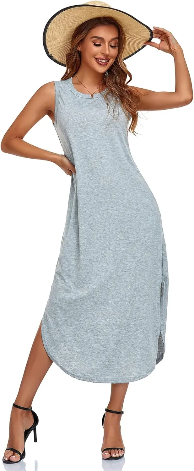 Women's Casual Beach Summer Dresses Sleeveless Graphic Long Sundress Cover Up Dresses with Pocket