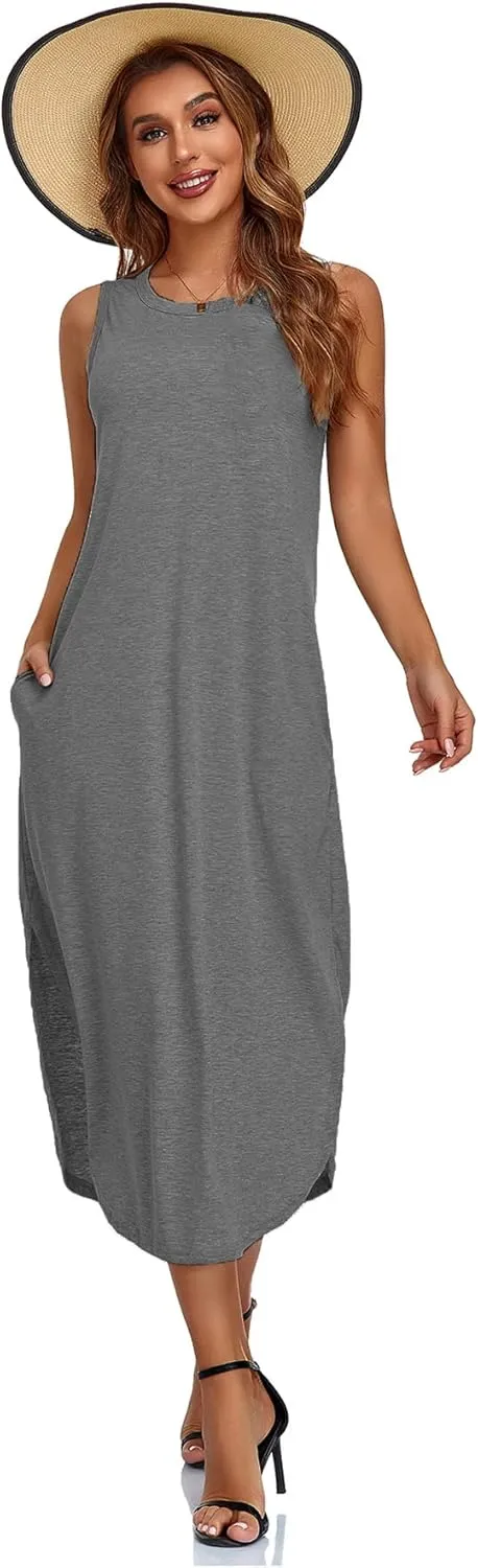 Women's Casual Beach Summer Dresses Sleeveless Graphic Long Sundress Cover Up Dresses with Pocket