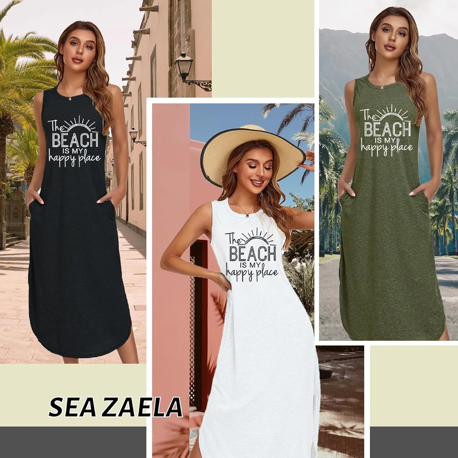 Women's Casual Beach Summer Dresses Sleeveless Graphic Long Sundress Cover Up Dresses with Pocket