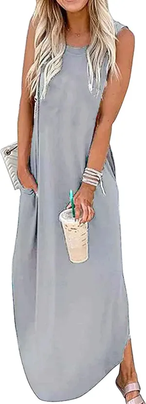 Women's Casual Beach Summer Dresses Sleeveless Graphic Long Sundress Cover Up Dresses with Pocket