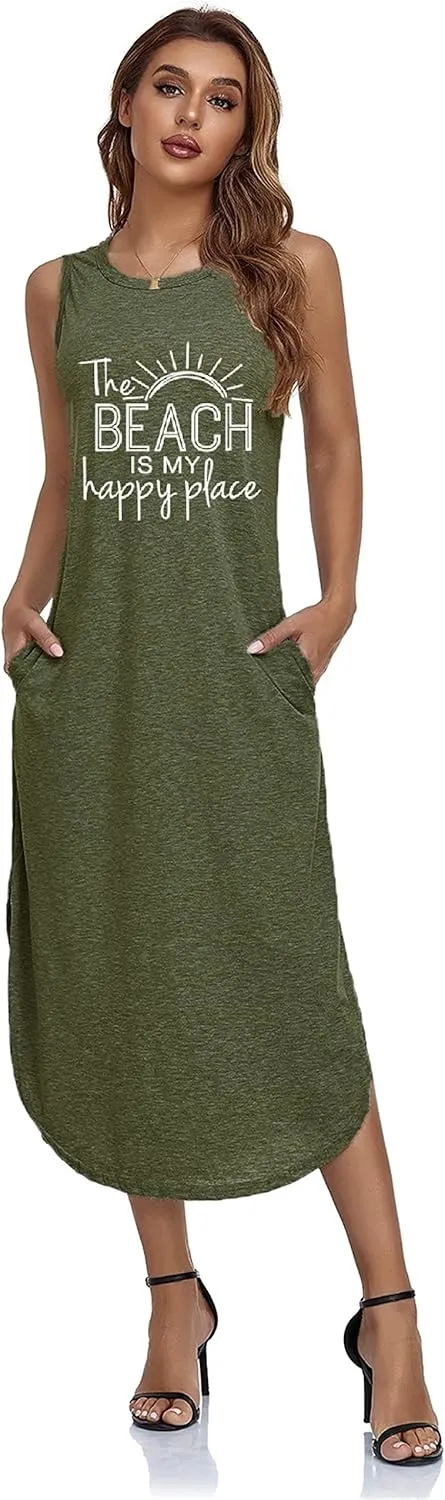 Women's Casual Beach Summer Dresses Sleeveless Graphic Long Sundress Cover Up Dresses with Pocket