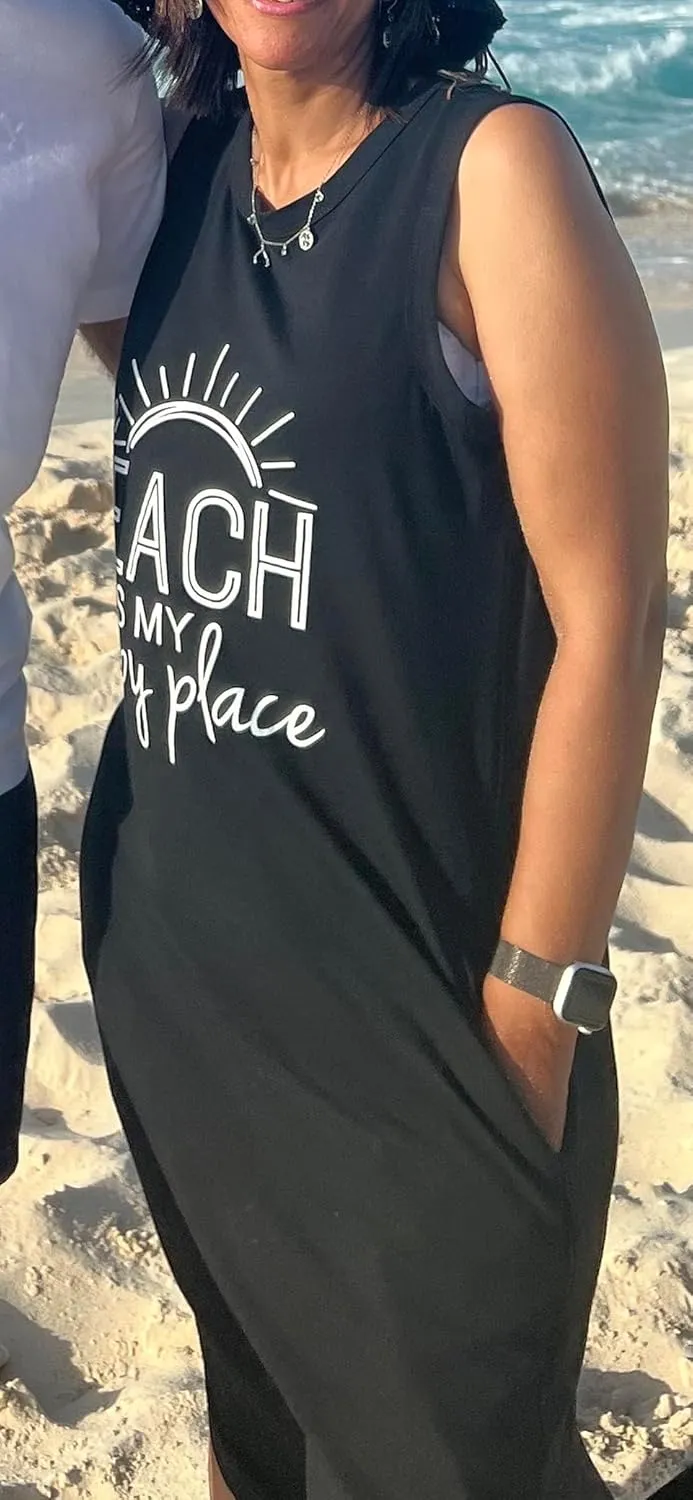 Women's Casual Beach Summer Dresses Sleeveless Graphic Long Sundress Cover Up Dresses with Pocket