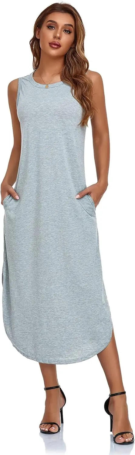 Women's Casual Beach Summer Dresses Sleeveless Graphic Long Sundress Cover Up Dresses with Pocket