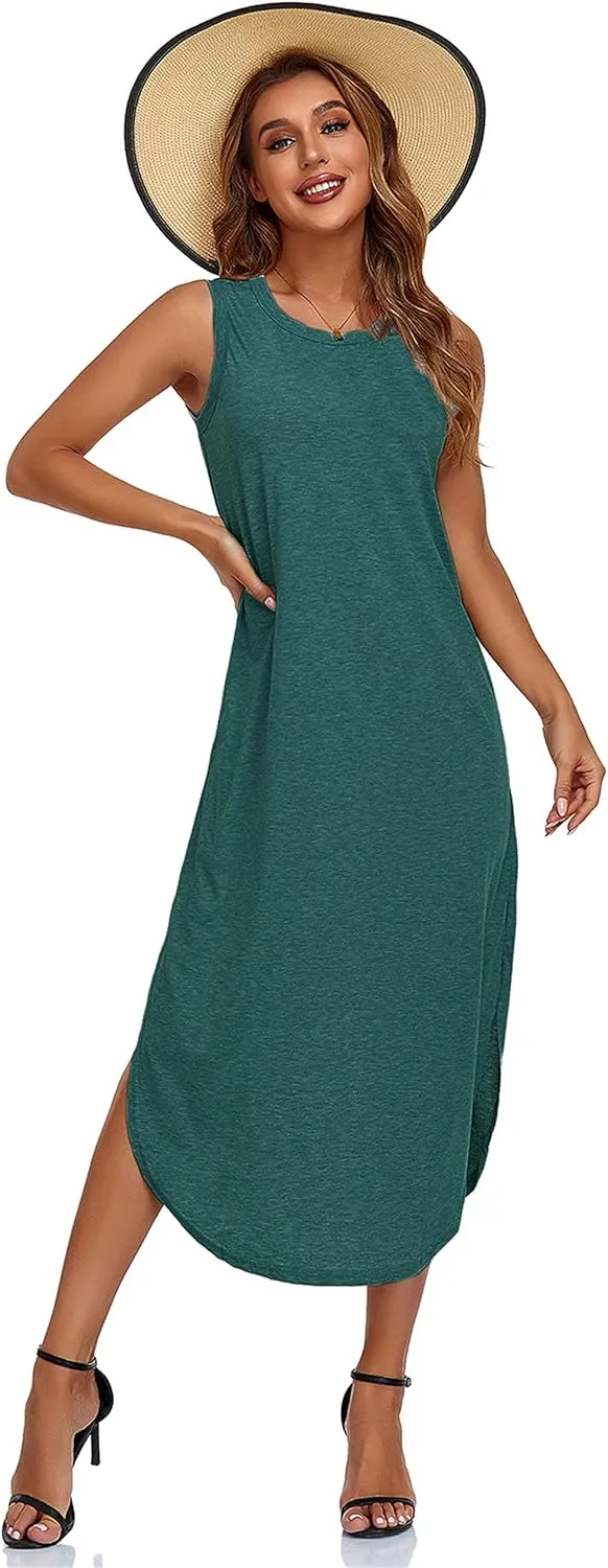 Women's Casual Beach Summer Dresses Sleeveless Graphic Long Sundress Cover Up Dresses with Pocket