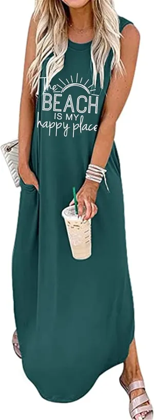 Women's Casual Beach Summer Dresses Sleeveless Graphic Long Sundress Cover Up Dresses with Pocket