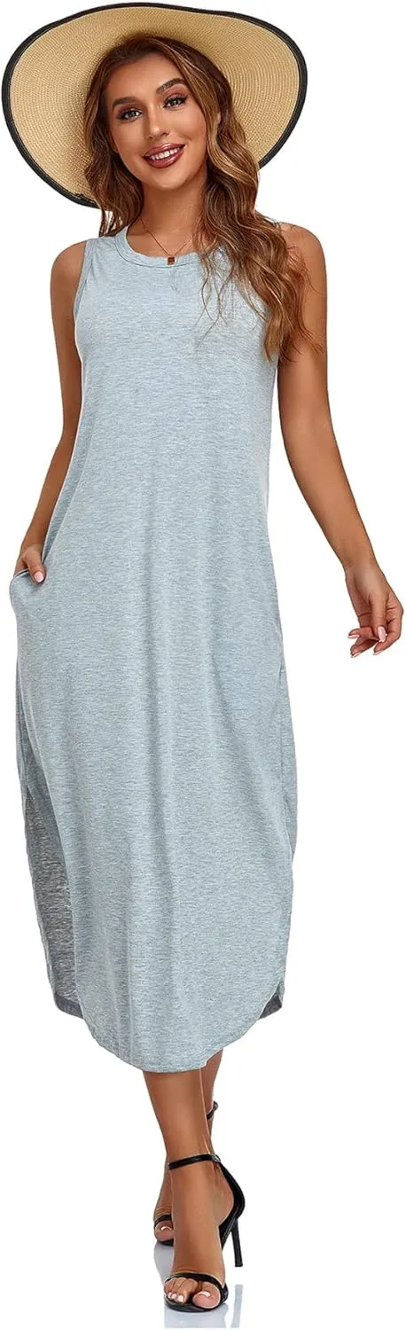 Women's Casual Beach Summer Dresses Sleeveless Graphic Long Sundress Cover Up Dresses with Pocket