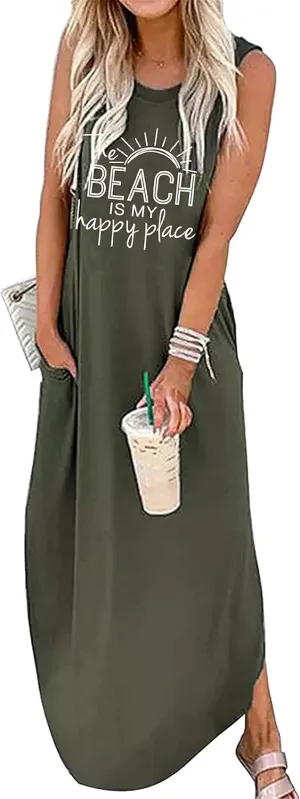 Women's Casual Beach Summer Dresses Sleeveless Graphic Long Sundress Cover Up Dresses with Pocket