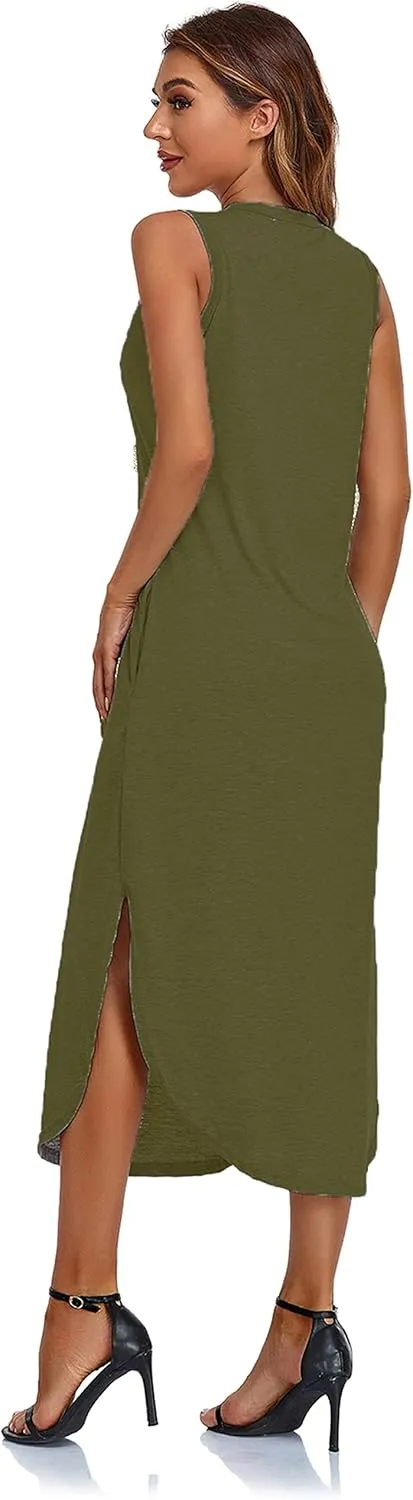 Women's Casual Beach Summer Dresses Sleeveless Graphic Long Sundress Cover Up Dresses with Pocket
