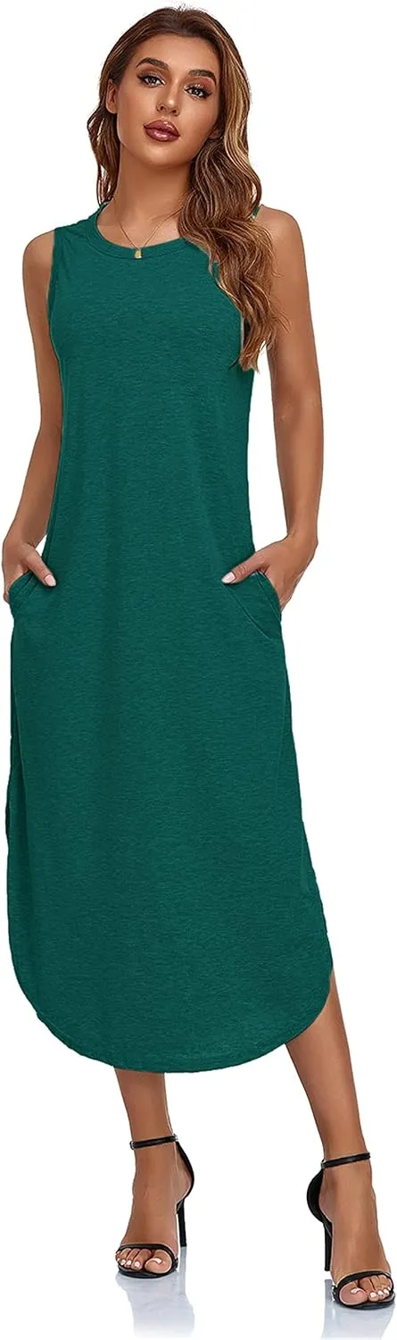 Women's Casual Beach Summer Dresses Sleeveless Graphic Long Sundress Cover Up Dresses with Pocket