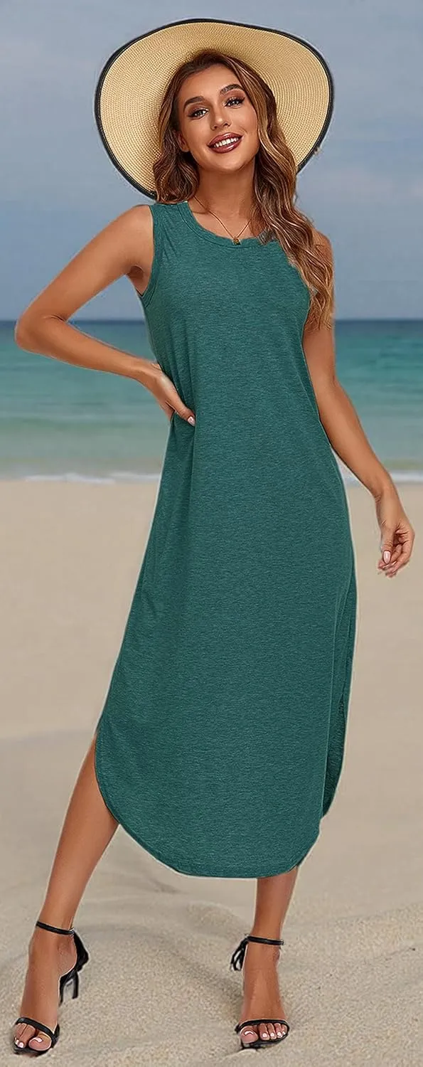 Women's Casual Beach Summer Dresses Sleeveless Graphic Long Sundress Cover Up Dresses with Pocket
