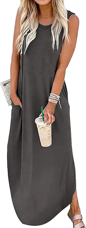 Women's Casual Beach Summer Dresses Sleeveless Graphic Long Sundress Cover Up Dresses with Pocket